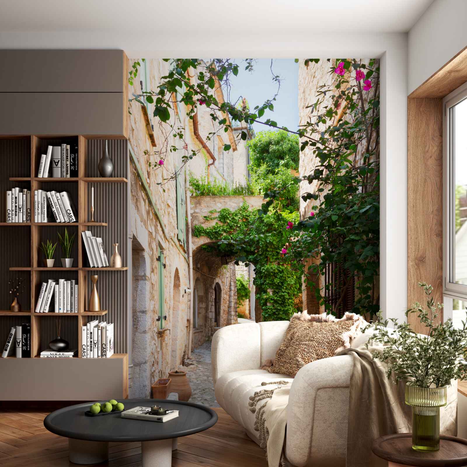 Papier peint ancienne rue étroite décorée de plantes vivantes