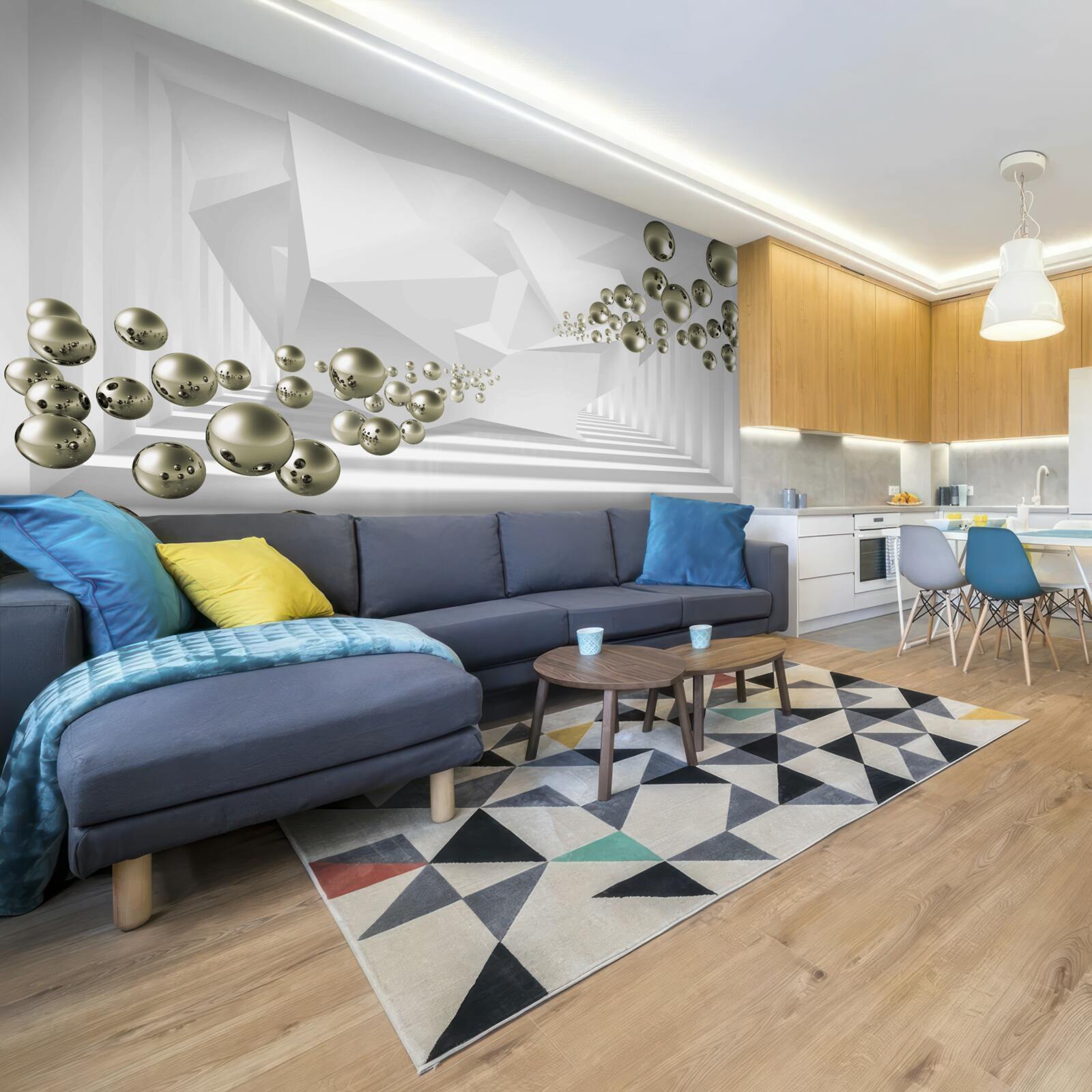 Papier peint tunnel abstrait où s'envolent des perles d'or