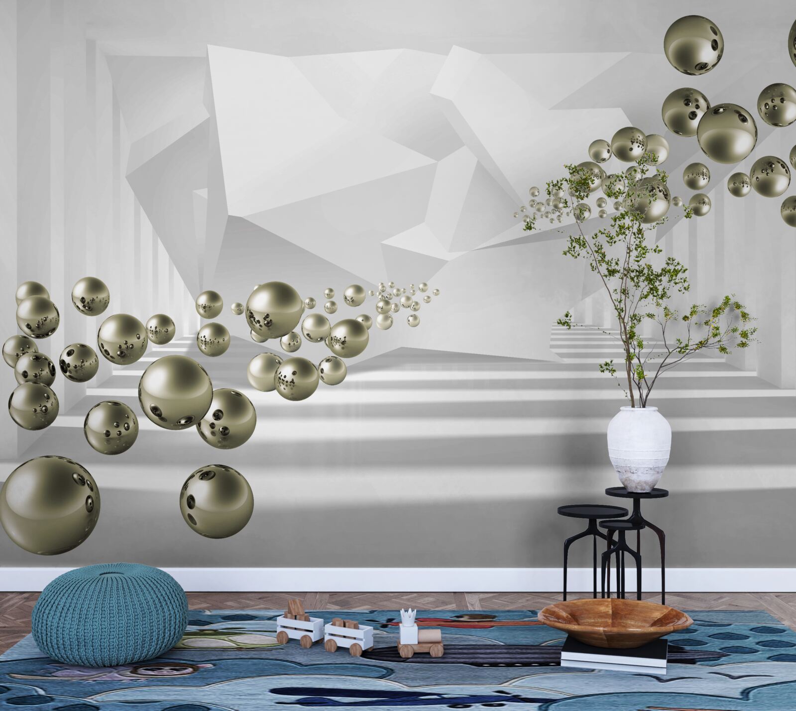 Papier peint tunnel abstrait où s'envolent des perles d'or