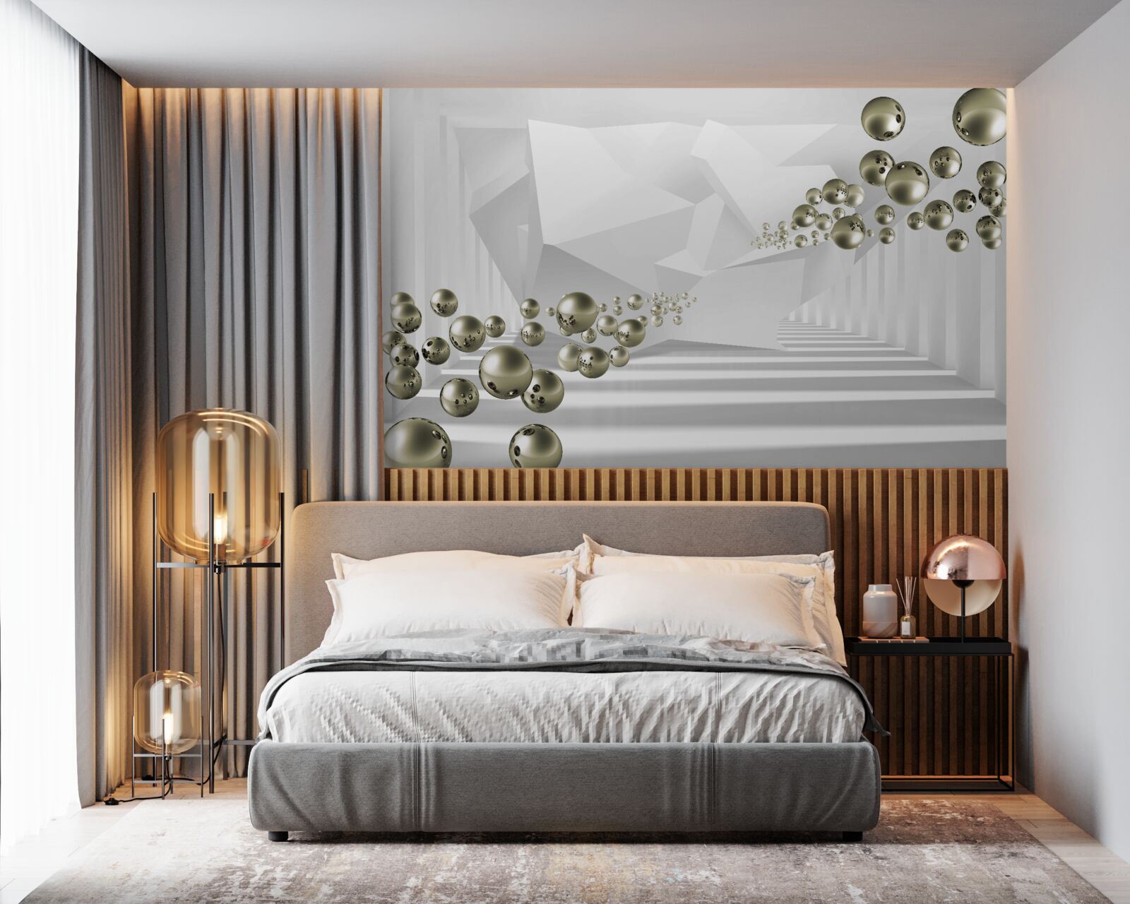 Papier peint tunnel abstrait où s'envolent des perles d'or