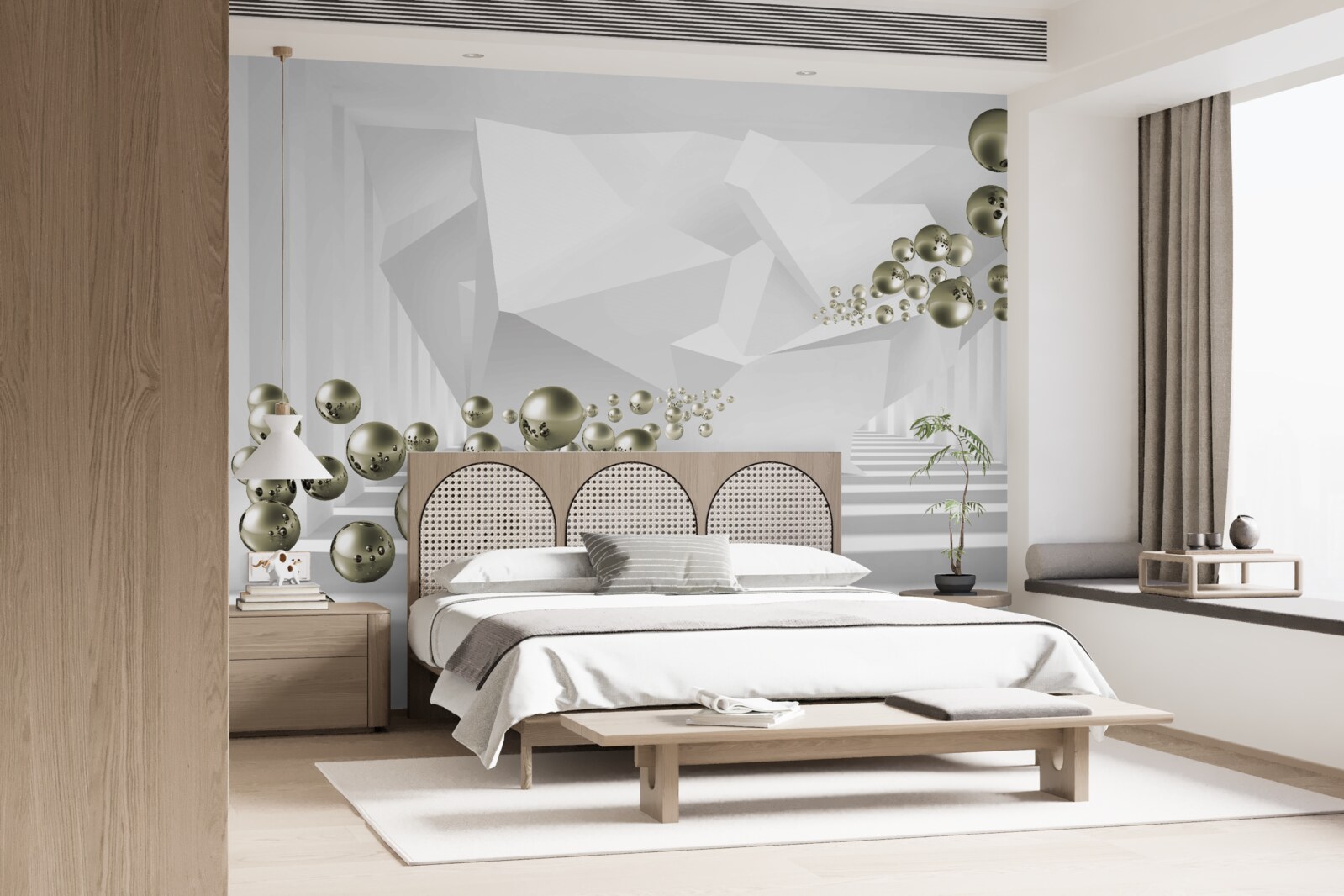 Papier peint tunnel abstrait où s'envolent des perles d'or