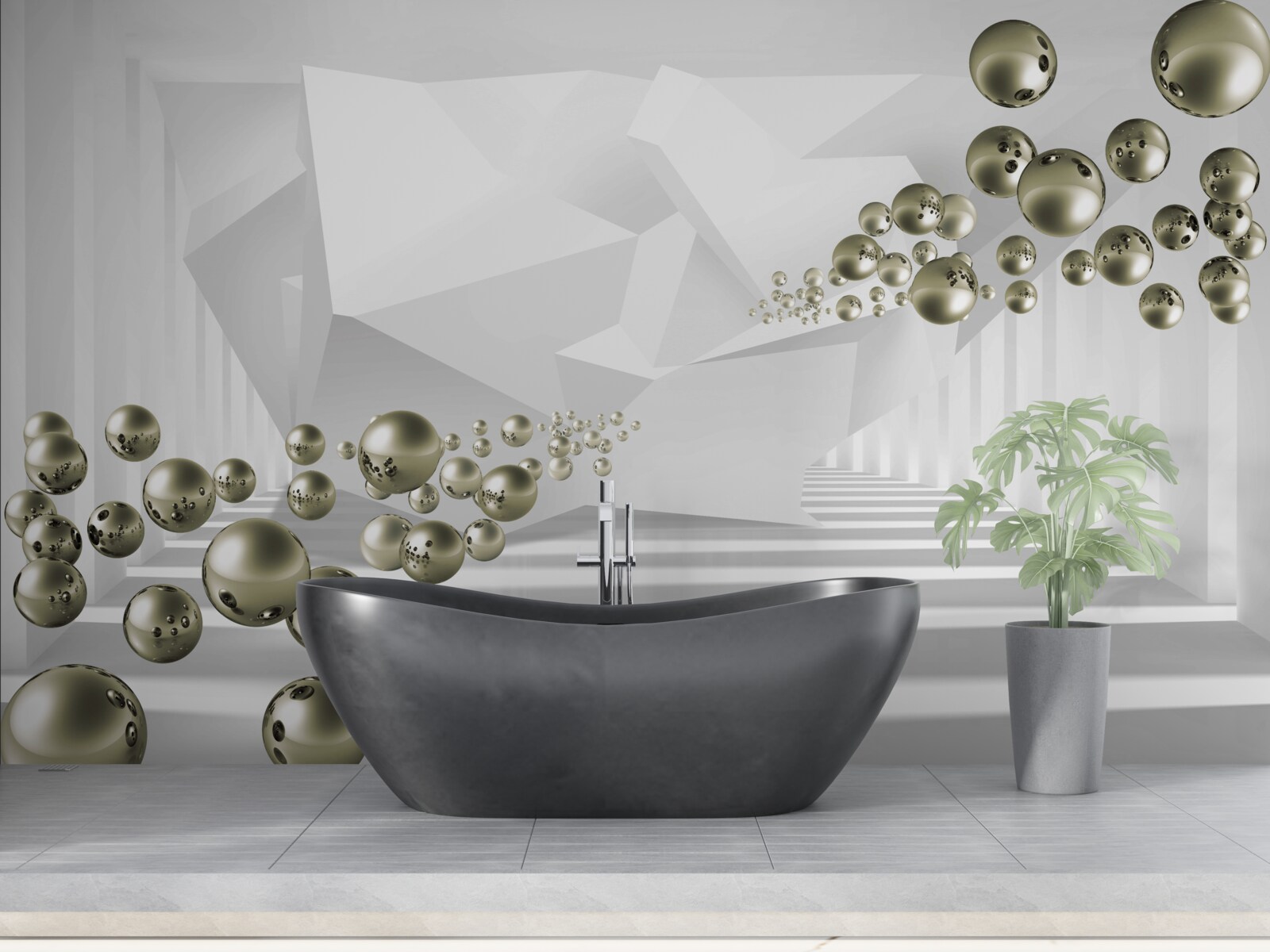 Papier peint tunnel abstrait où s'envolent des perles d'or