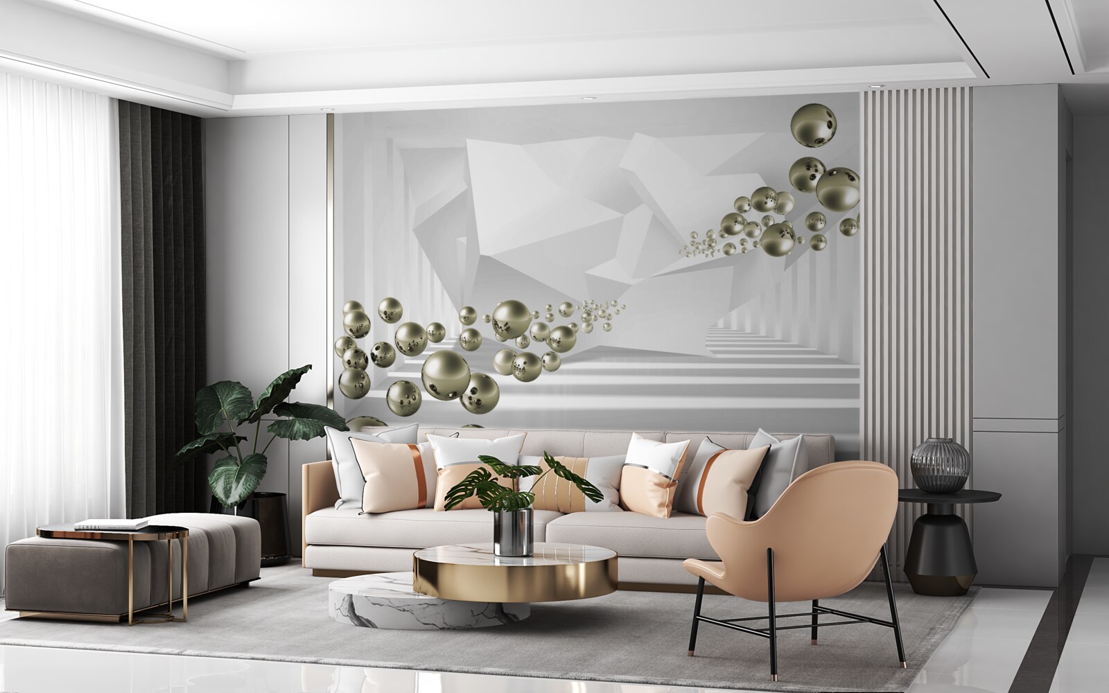 Papier peint tunnel abstrait où s'envolent des perles d'or