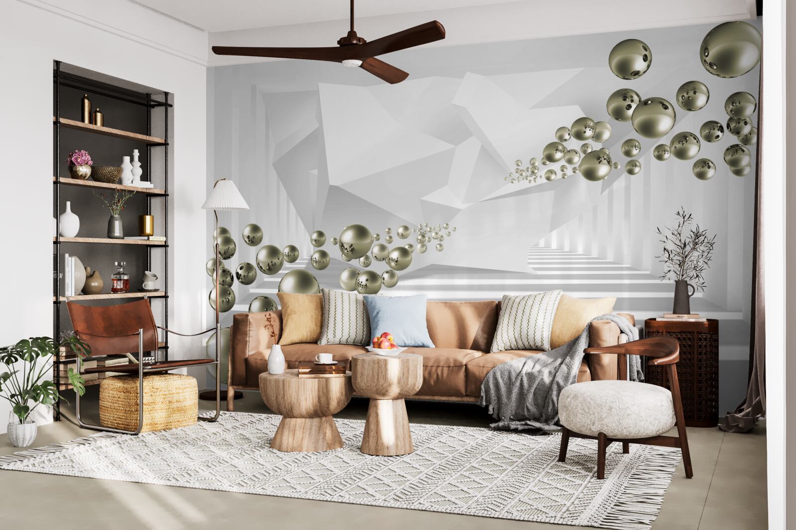 Papier peint tunnel abstrait où s'envolent des perles d'or