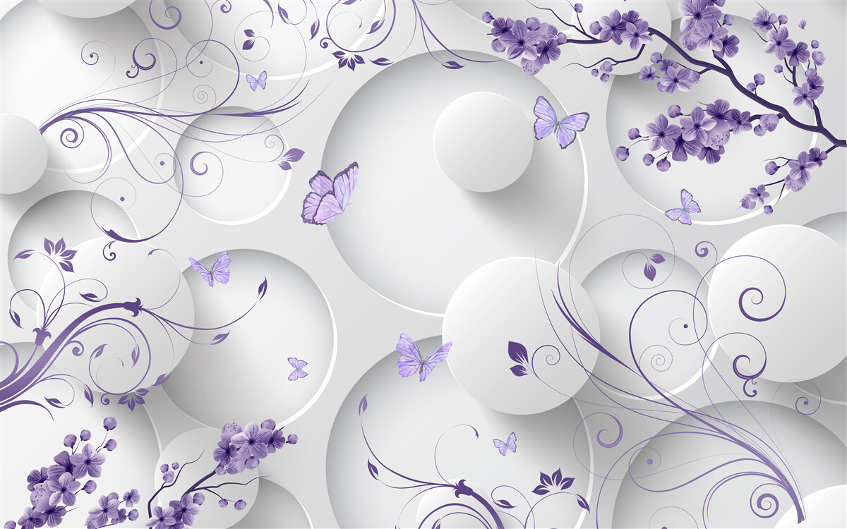 Papier peint papillons et fleurs violettes