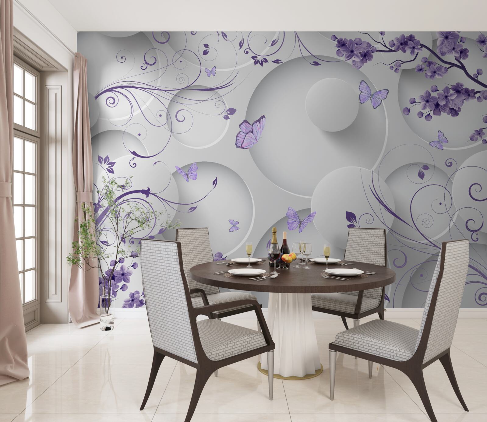 Papier peint papillons et fleurs violettes