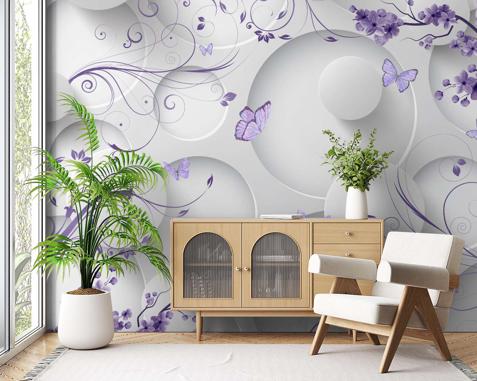 Papier peint papillons et fleurs violettes