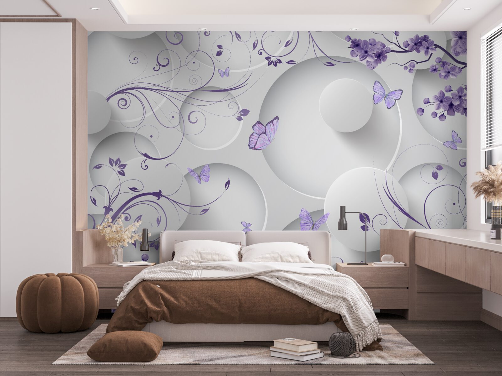 Papier peint papillons et fleurs violettes