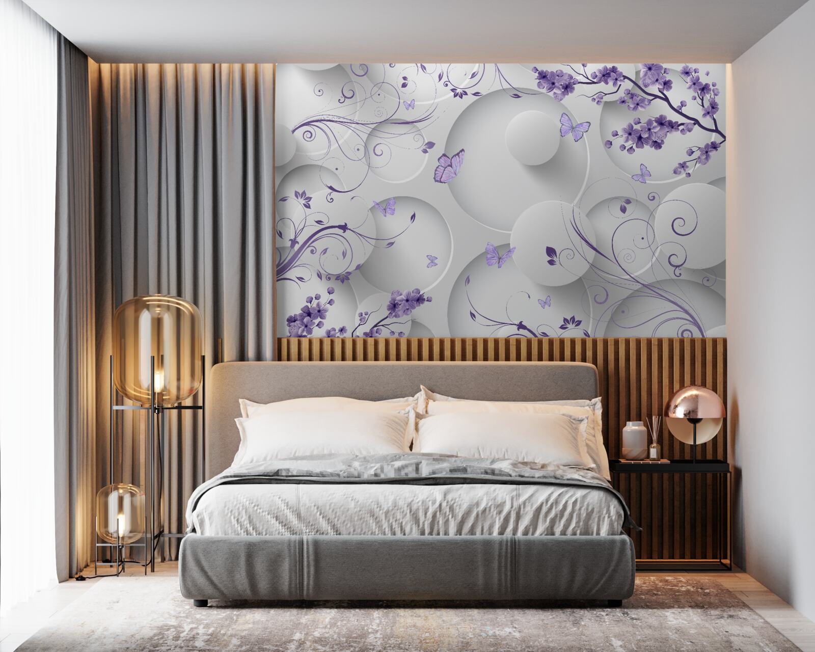 Papier peint papillons et fleurs violettes