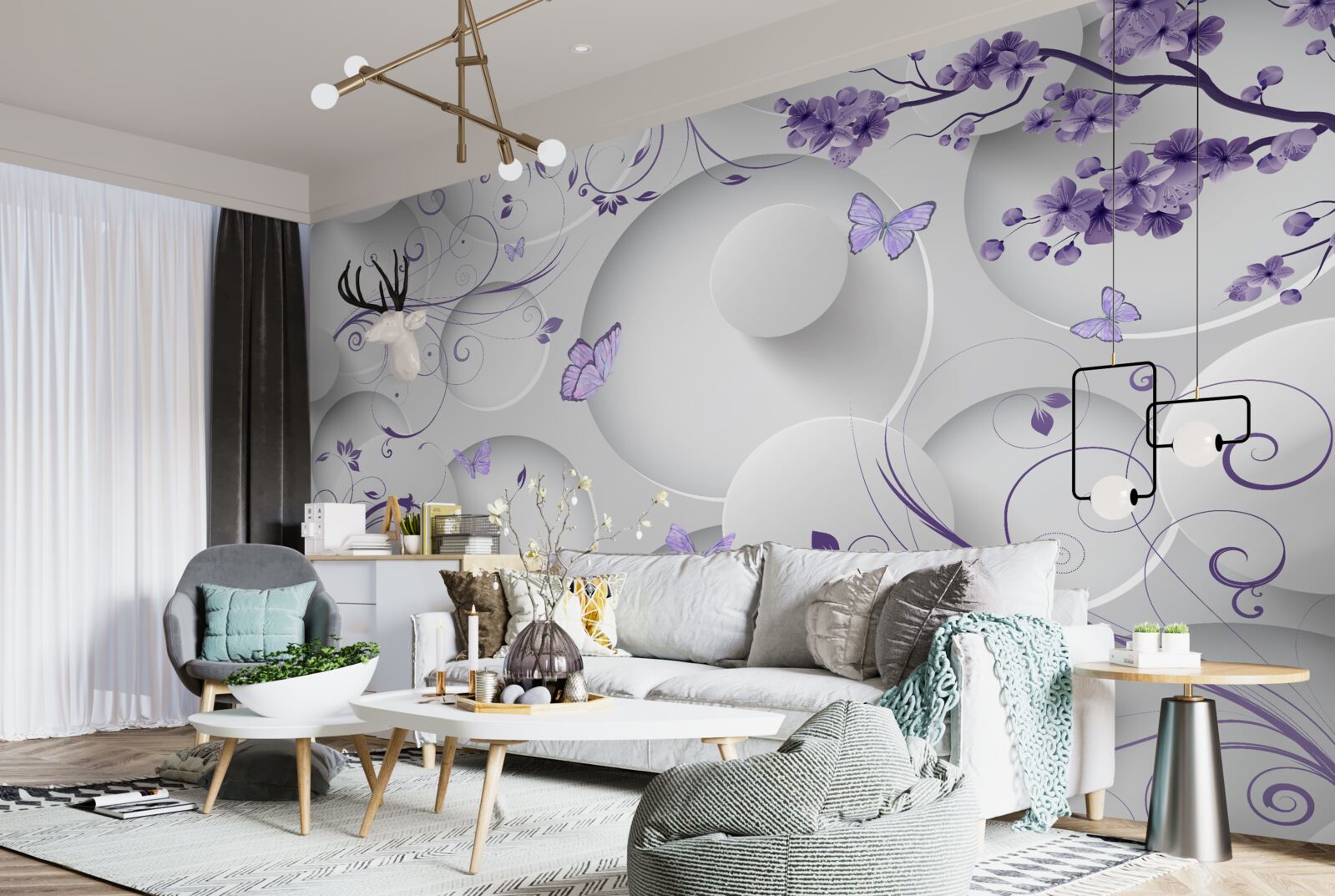 Papier peint papillons et fleurs violettes