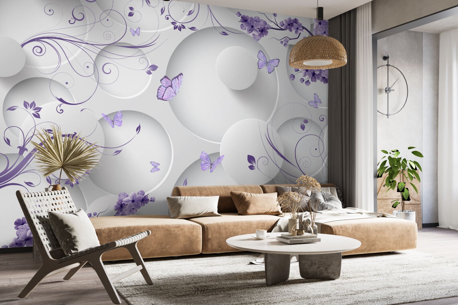 Papier peint papillons et fleurs violettes