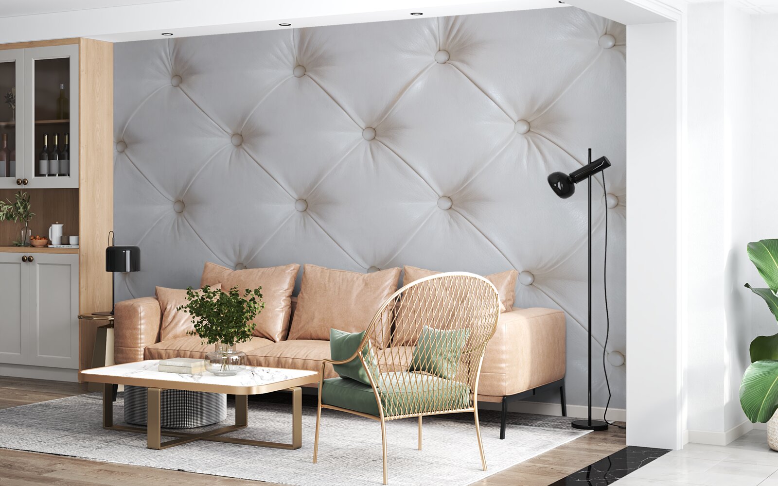 Papier peint sellerie en cuir blanc avec décorations en strass