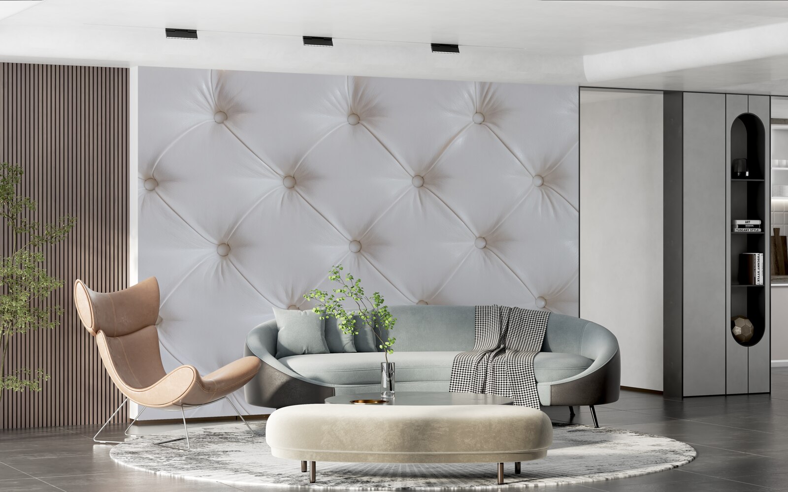 Papier peint sellerie en cuir blanc avec décorations en strass