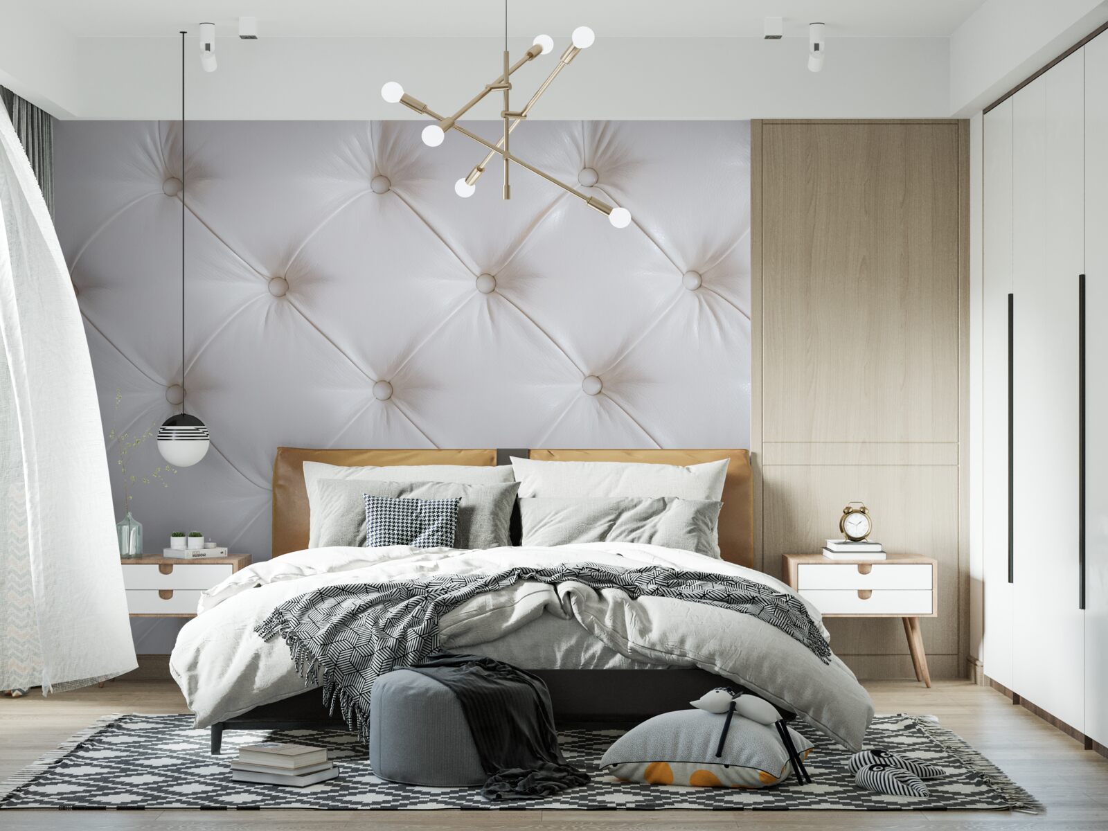 Papier peint sellerie en cuir blanc avec décorations en strass