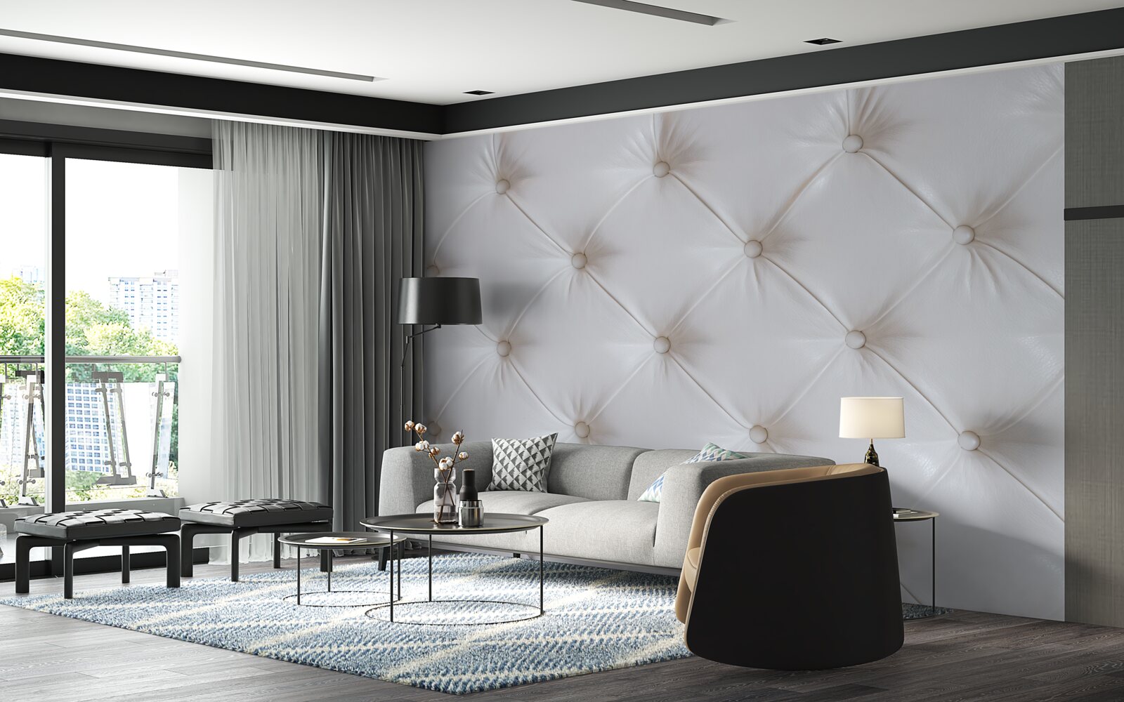 Papier peint sellerie en cuir blanc avec décorations en strass