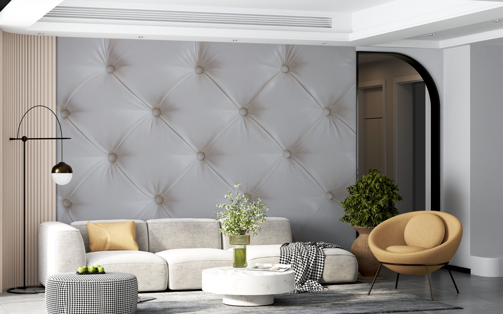 Papier peint sellerie en cuir blanc avec décorations en strass