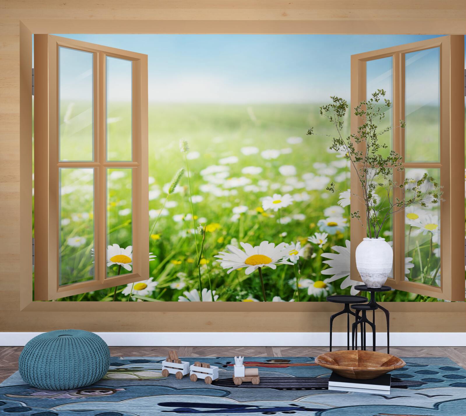 Papier peint vue sur le champ de camomille depuis la fenêtre