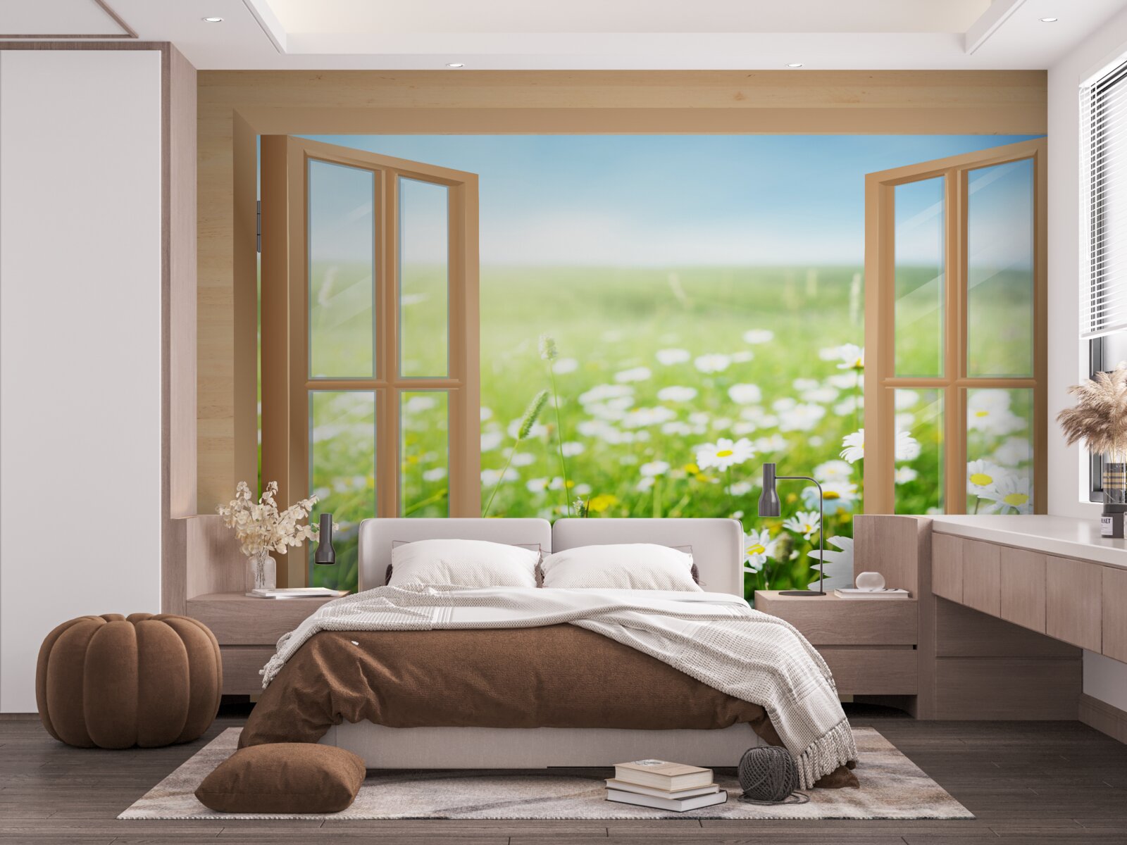 Papier peint vue sur le champ de camomille depuis la fenêtre