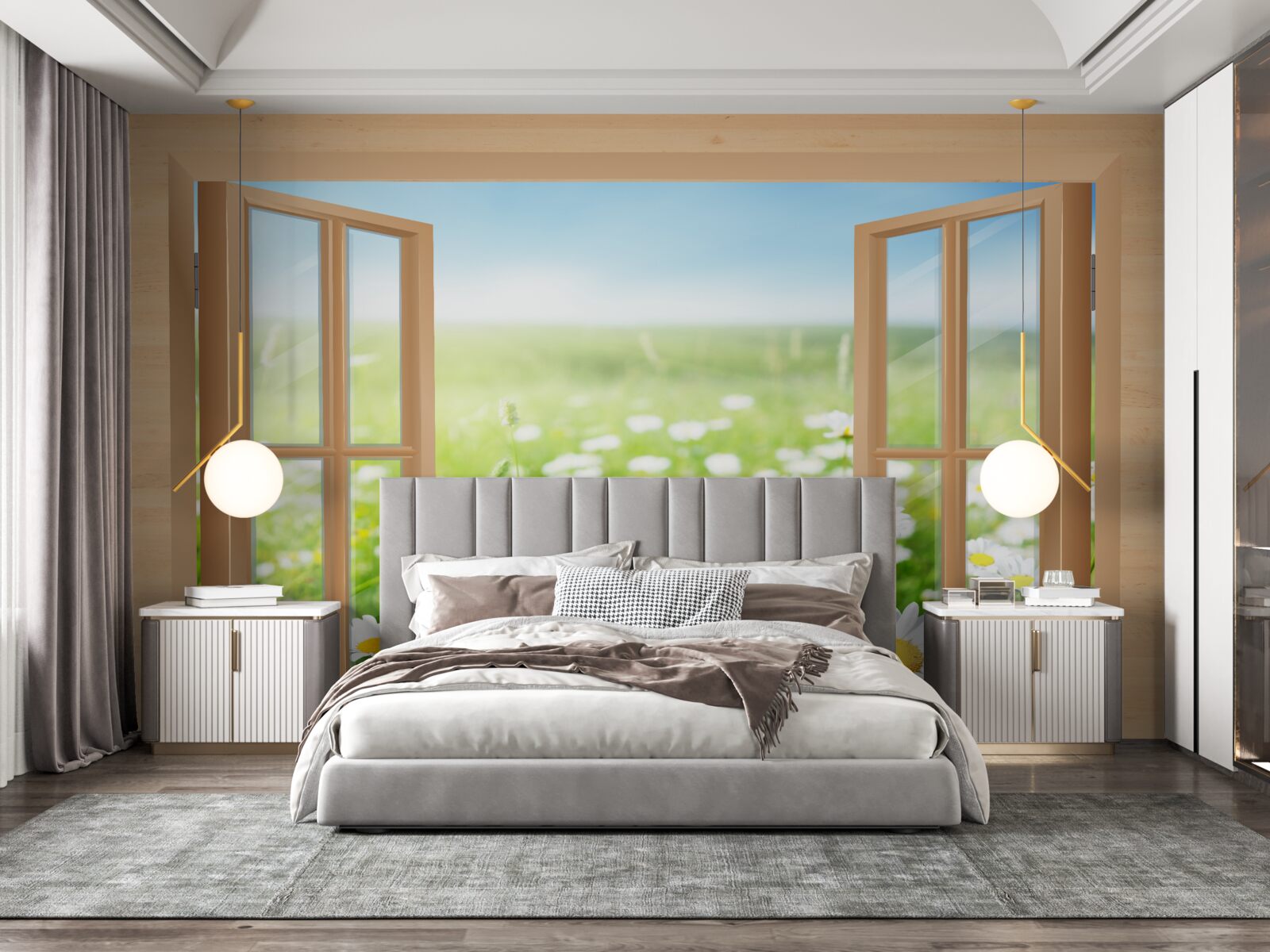 Papier peint vue sur le champ de camomille depuis la fenêtre