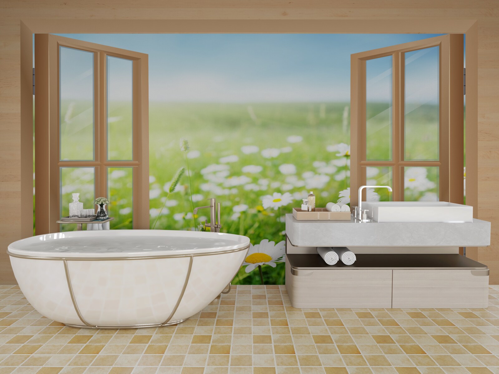 Papier peint vue sur le champ de camomille depuis la fenêtre