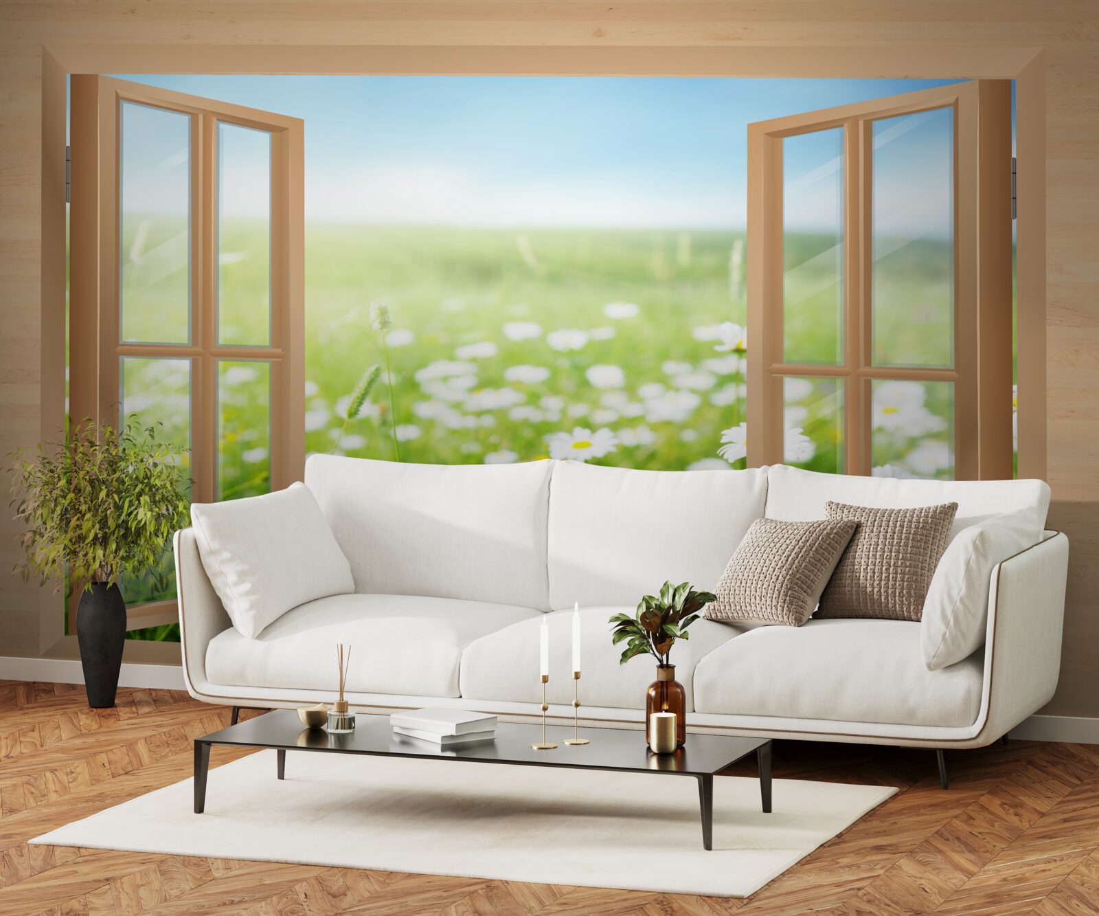 Papier peint vue sur le champ de camomille depuis la fenêtre