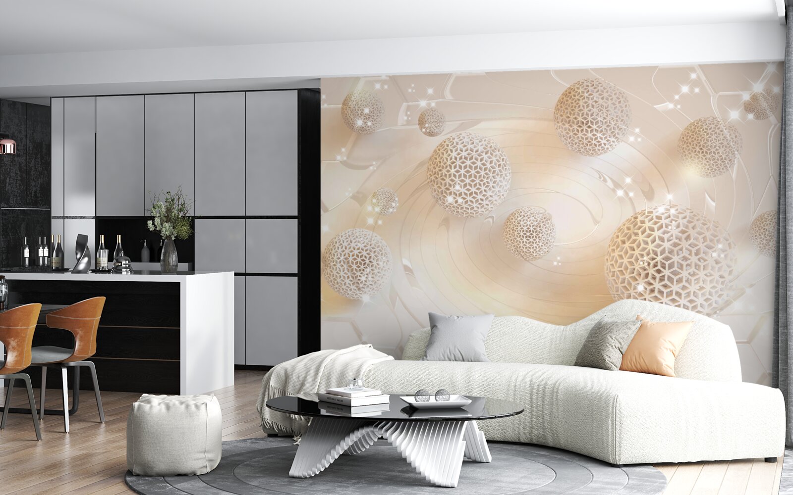 Papier peint des boules tourbillonnant dans une lueur dorée