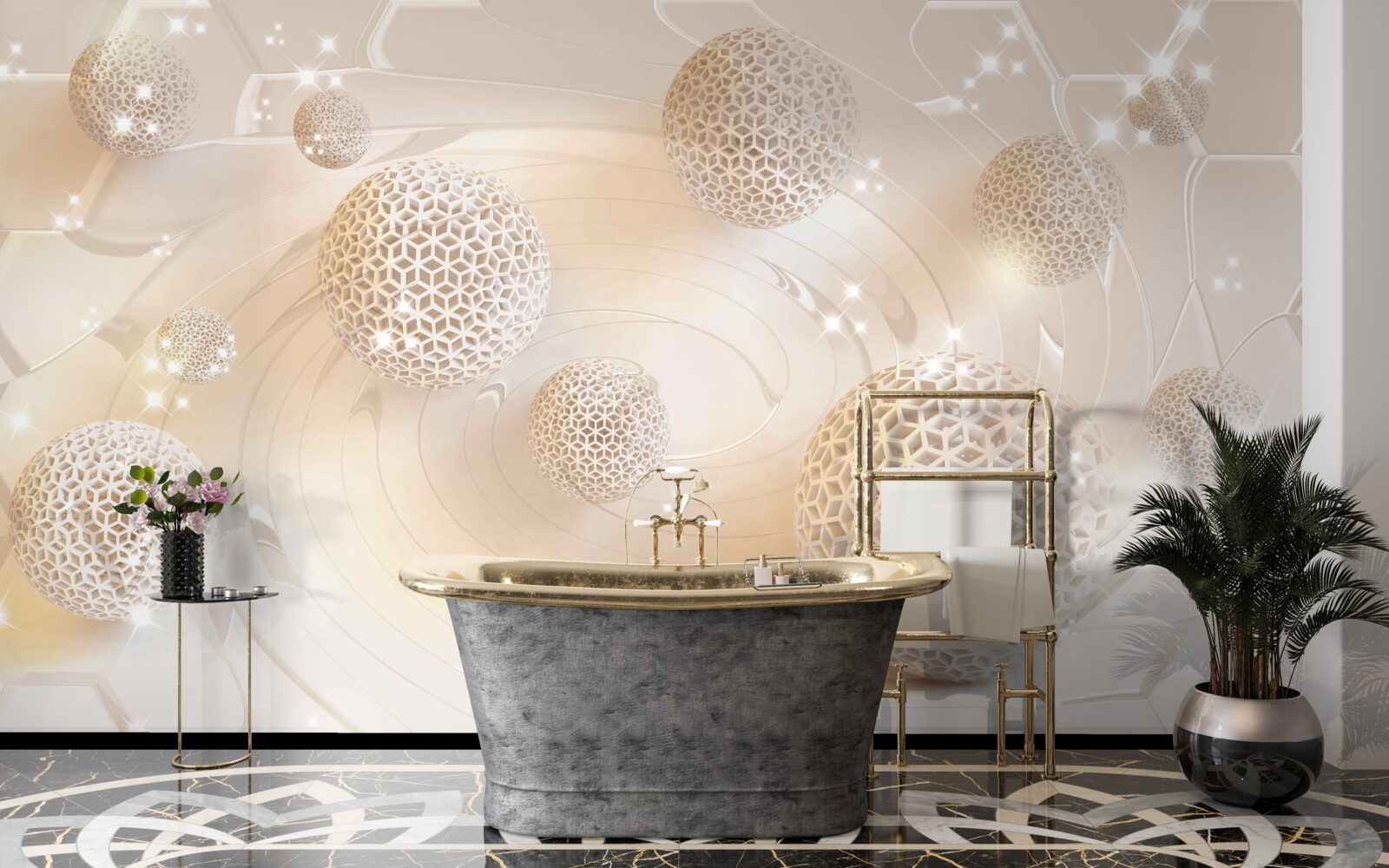 Papier peint des boules tourbillonnant dans une lueur dorée