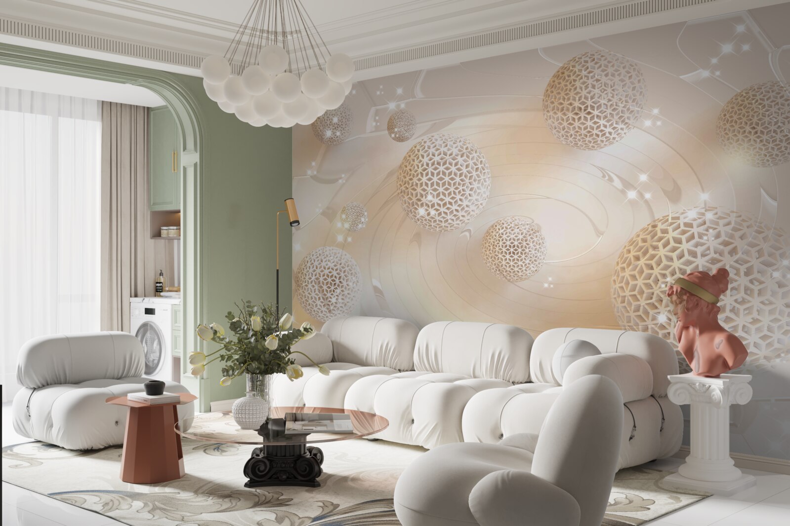 Papier peint des boules tourbillonnant dans une lueur dorée