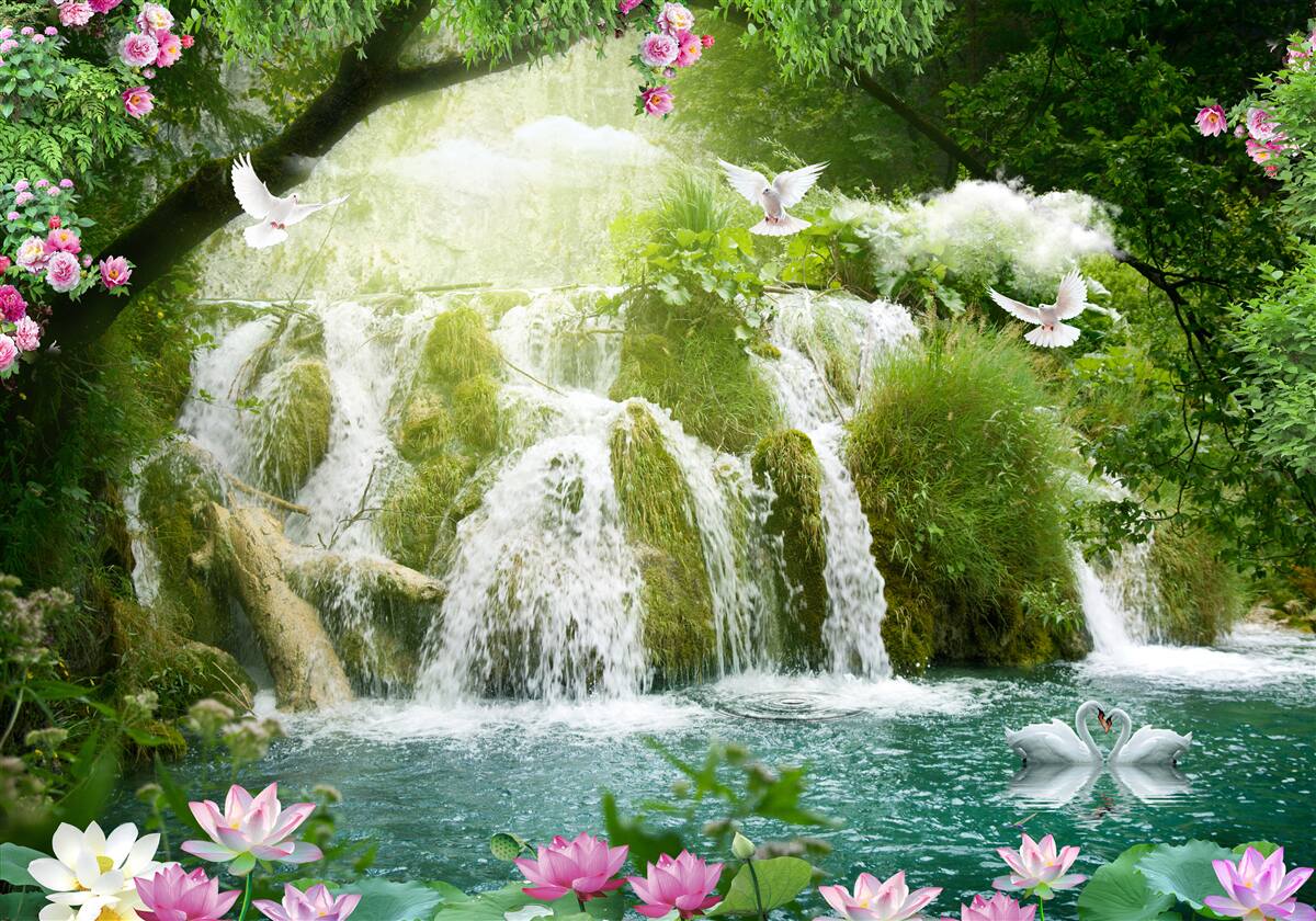 Papier peint eau tombant d'une cascade forestière