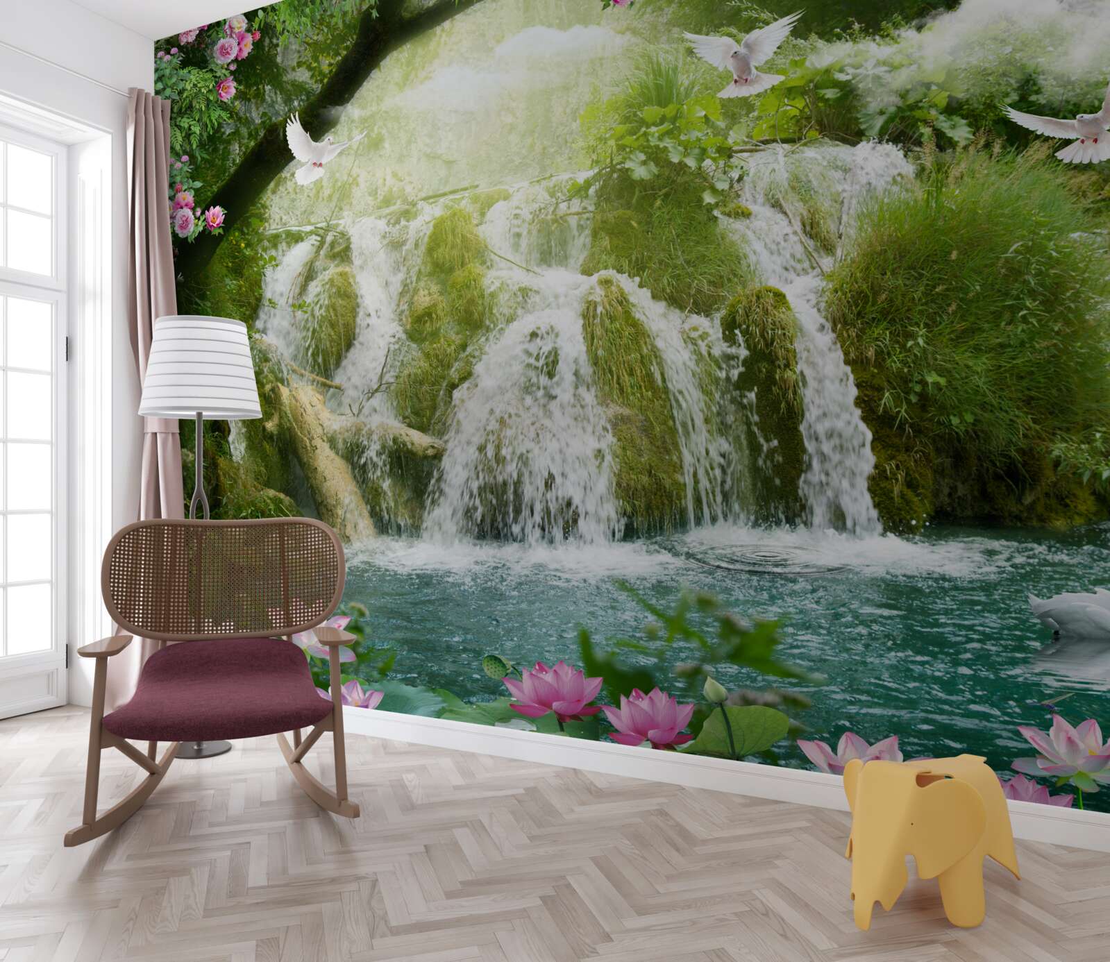 Papier peint eau tombant d'une cascade forestière