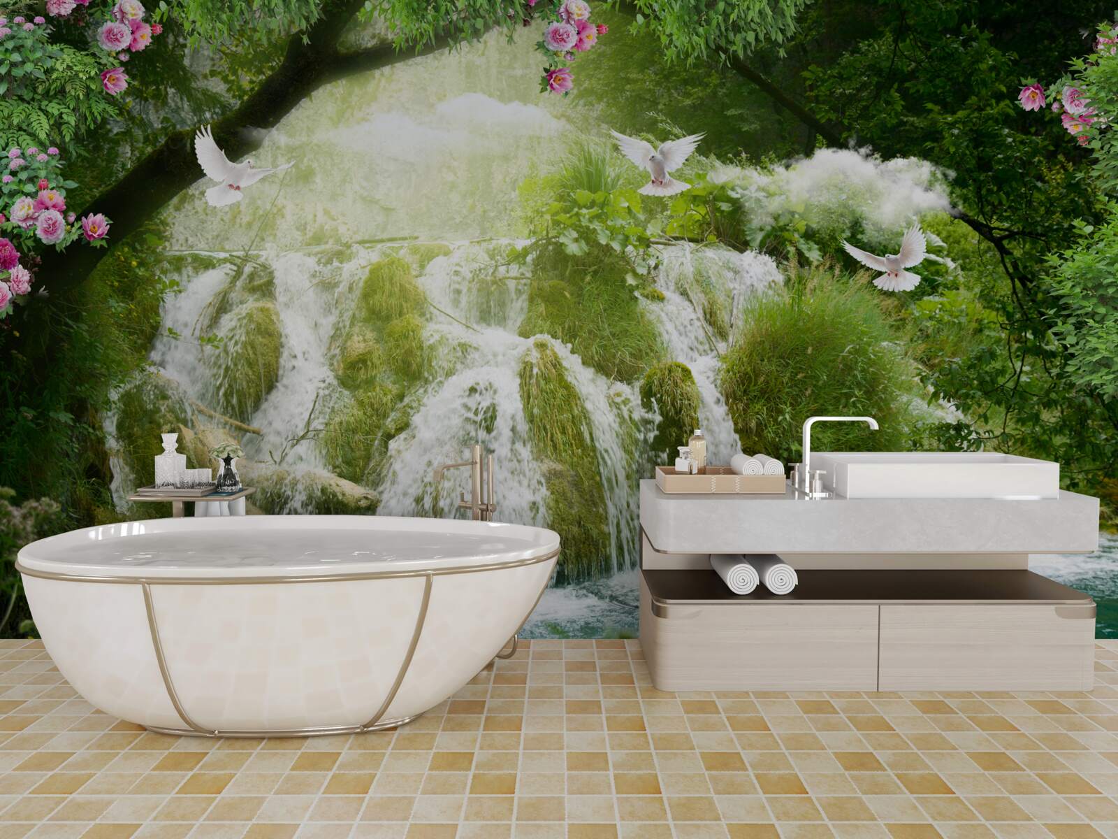 Papier peint eau tombant d'une cascade forestière