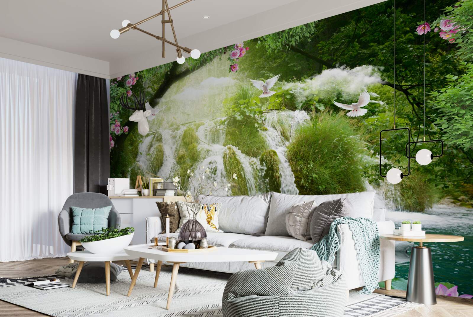 Papier peint eau tombant d'une cascade forestière