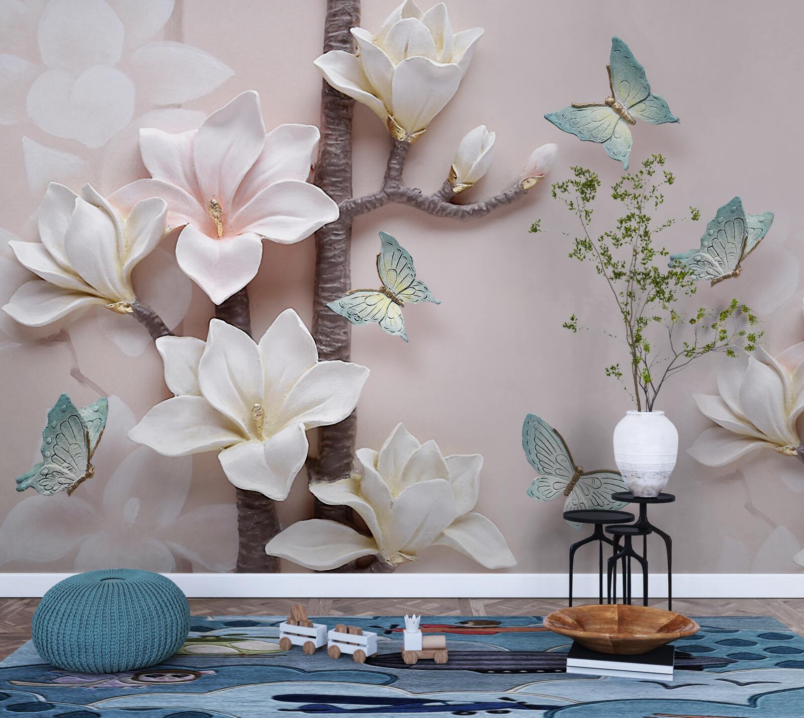 Papier peint papillons bleus et fleurs blanches