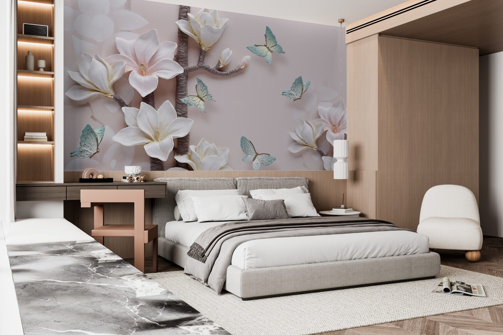 Papier peint papillons bleus et fleurs blanches