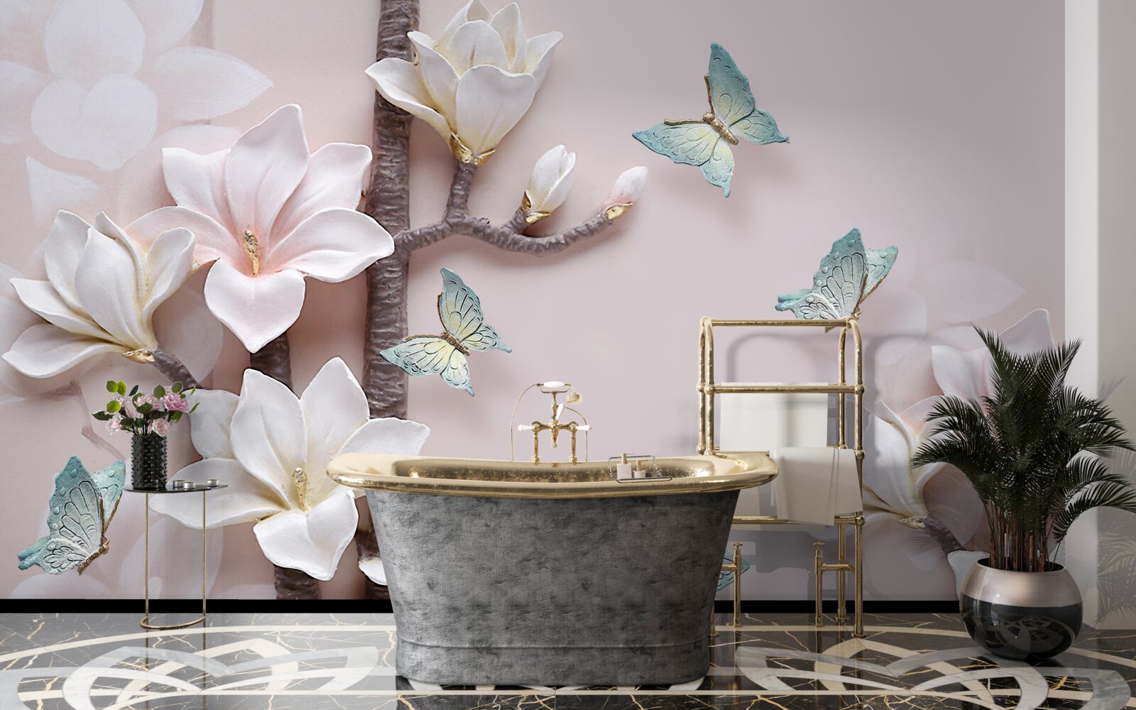 Papier peint papillons bleus et fleurs blanches