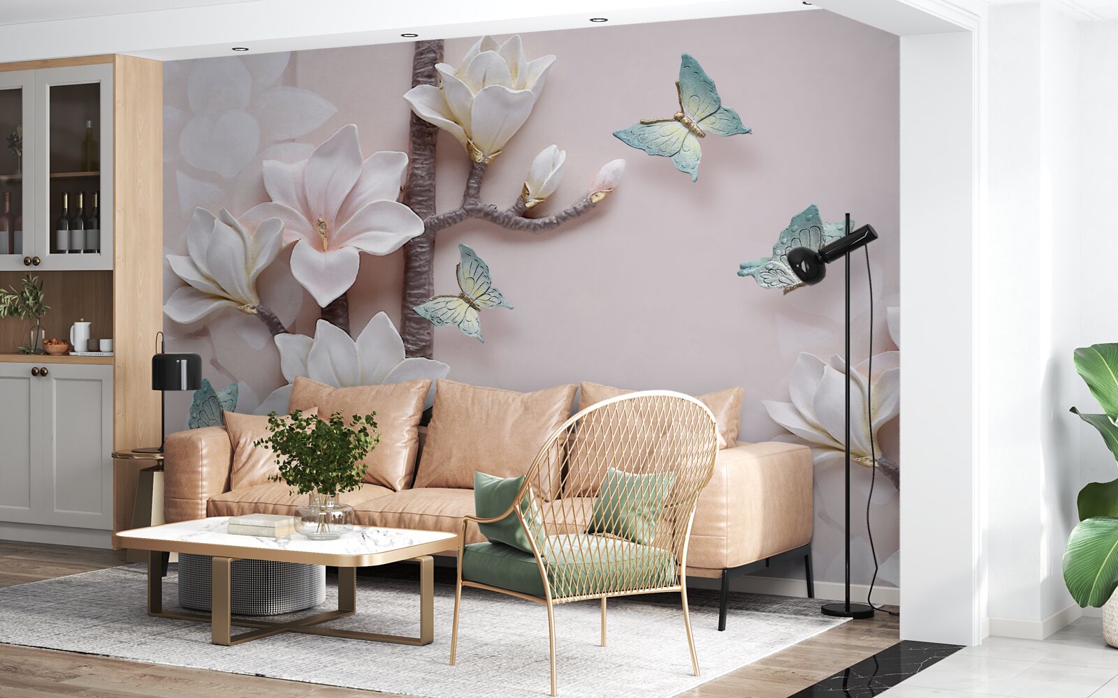 Papier peint papillons bleus et fleurs blanches