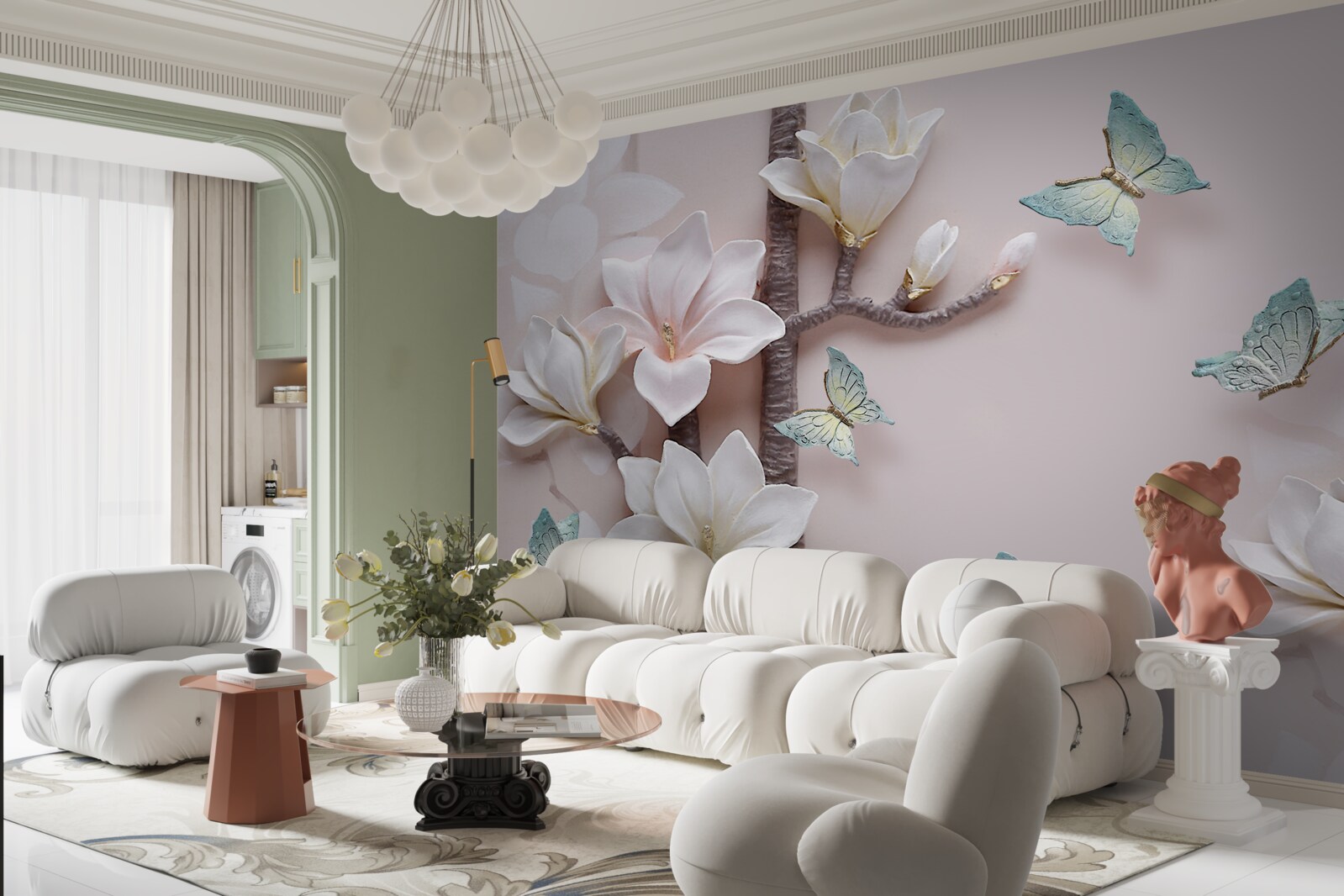 Papier peint papillons bleus et fleurs blanches