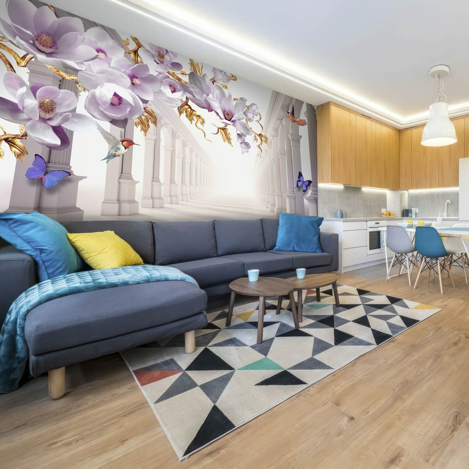 Papier peint tunnel sans fin décoré de fleurs et de papillons lumineux