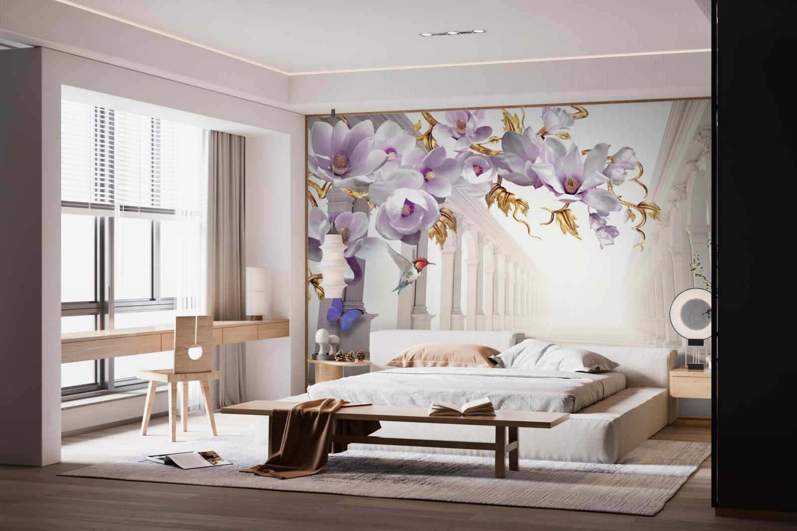 Papier peint tunnel sans fin décoré de fleurs et de papillons lumineux