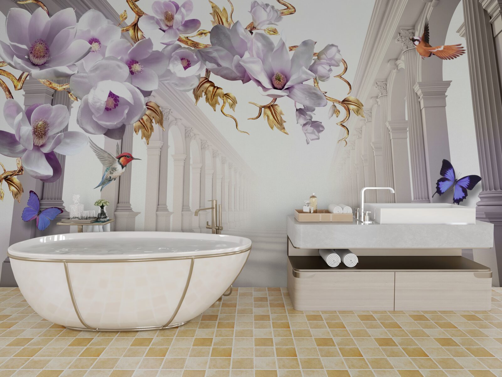 Papier peint tunnel sans fin décoré de fleurs et de papillons lumineux