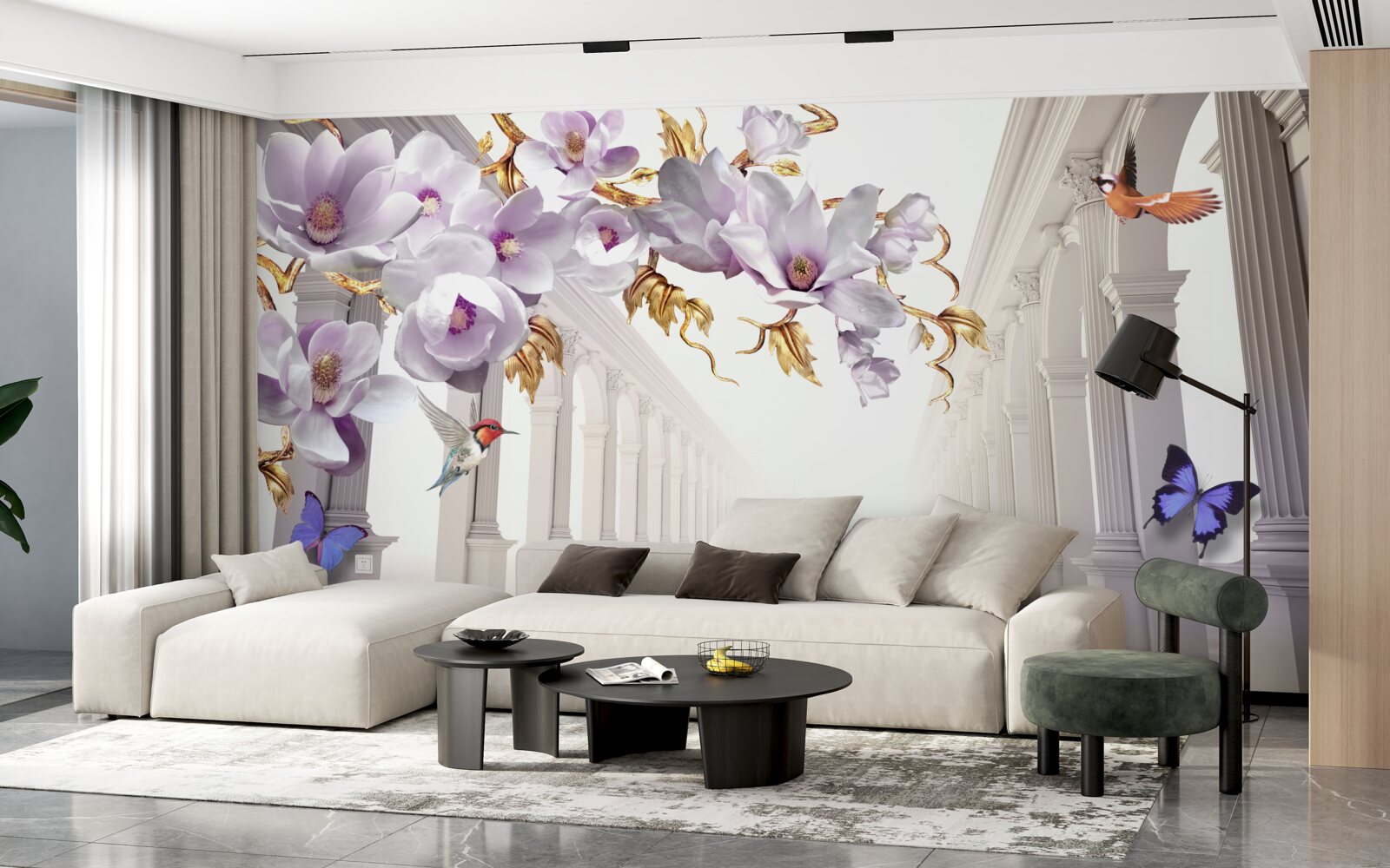 Papier peint tunnel sans fin décoré de fleurs et de papillons lumineux