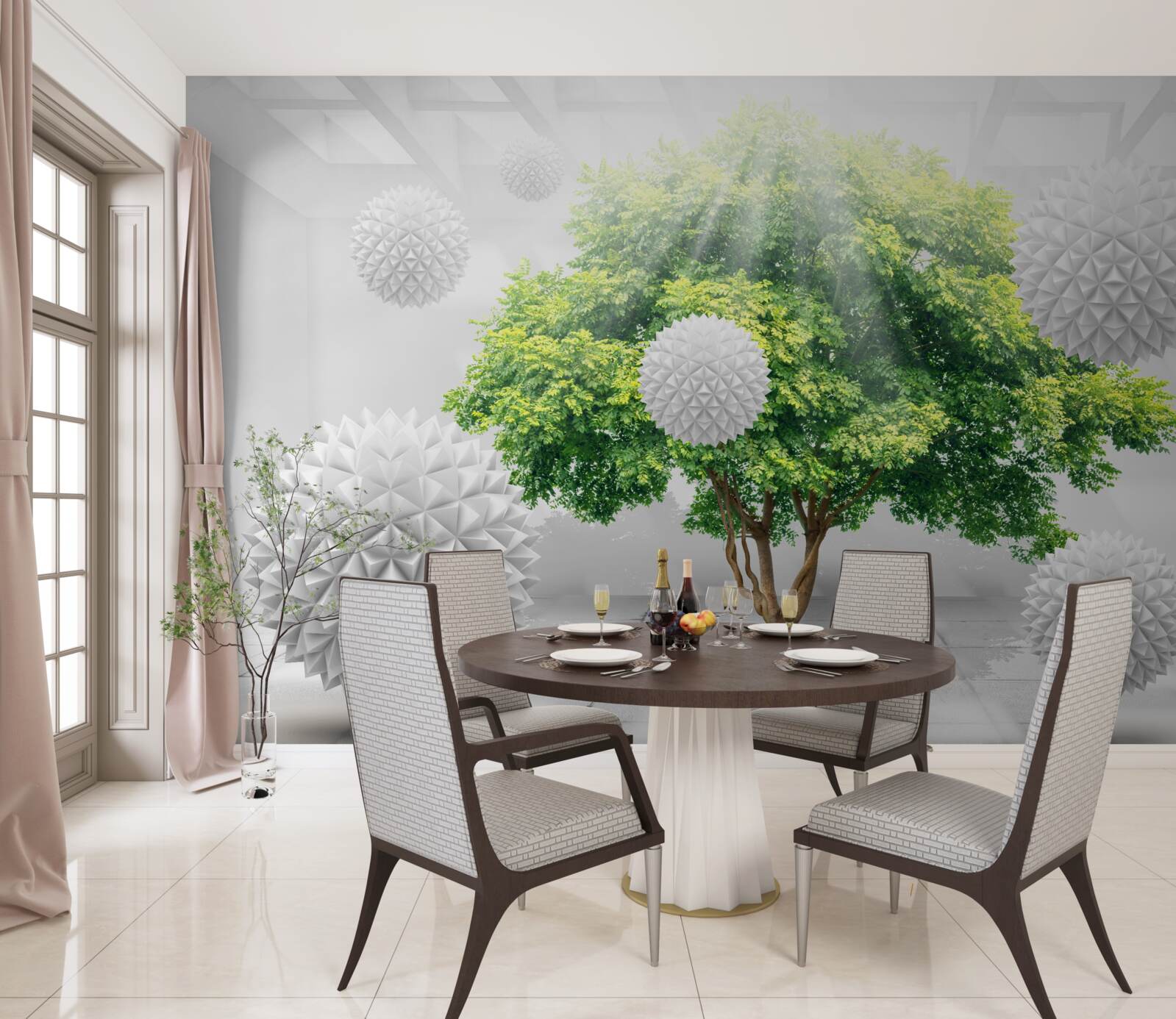 Papier peint les rayons du soleil éclairent les boules blanches qui contrastent avec le vert de l'arbre