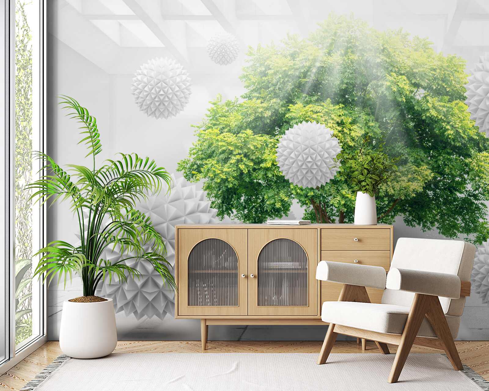 Papier peint les rayons du soleil éclairent les boules blanches qui contrastent avec le vert de l'arbre