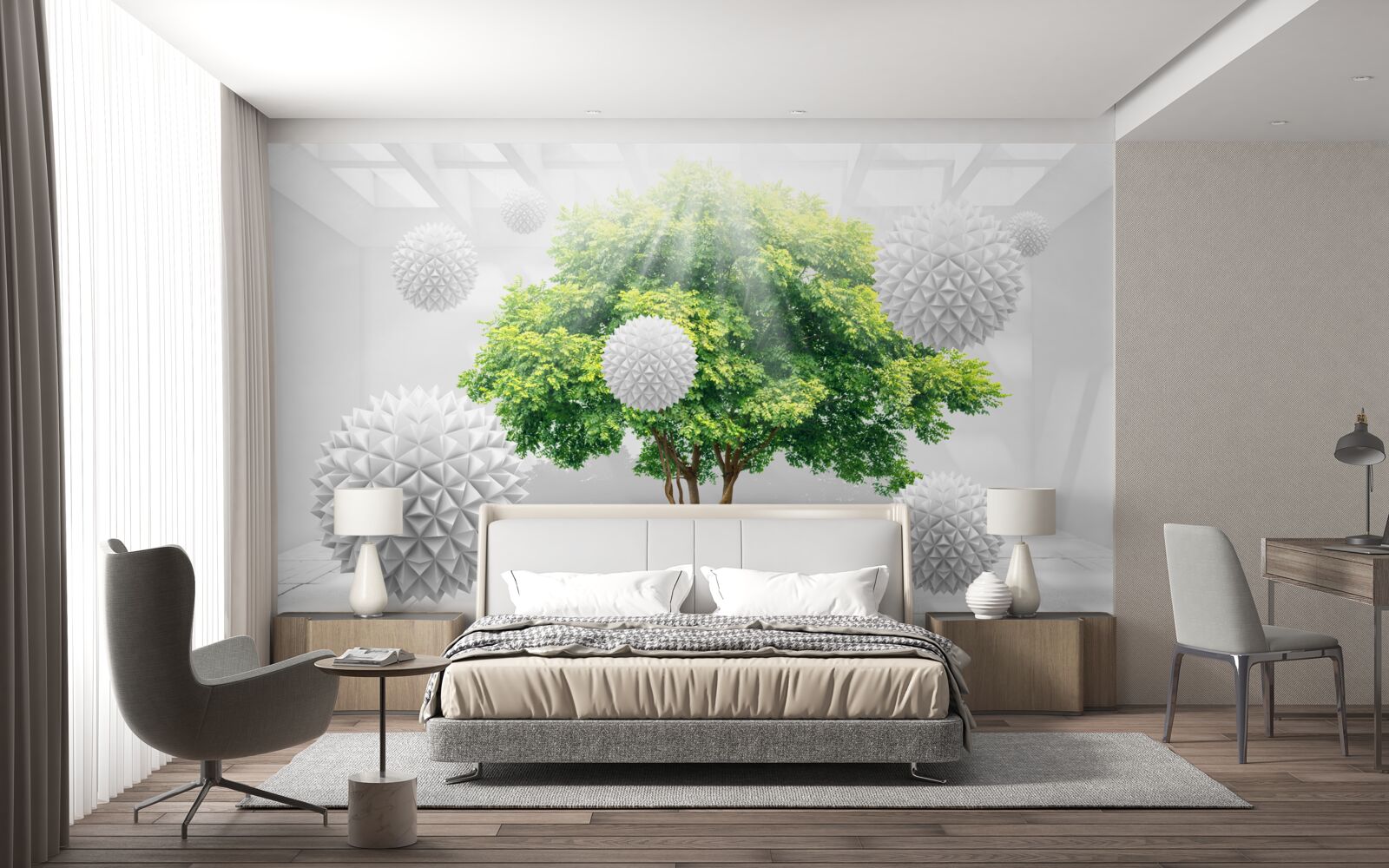 Papier peint les rayons du soleil éclairent les boules blanches qui contrastent avec le vert de l'arbre