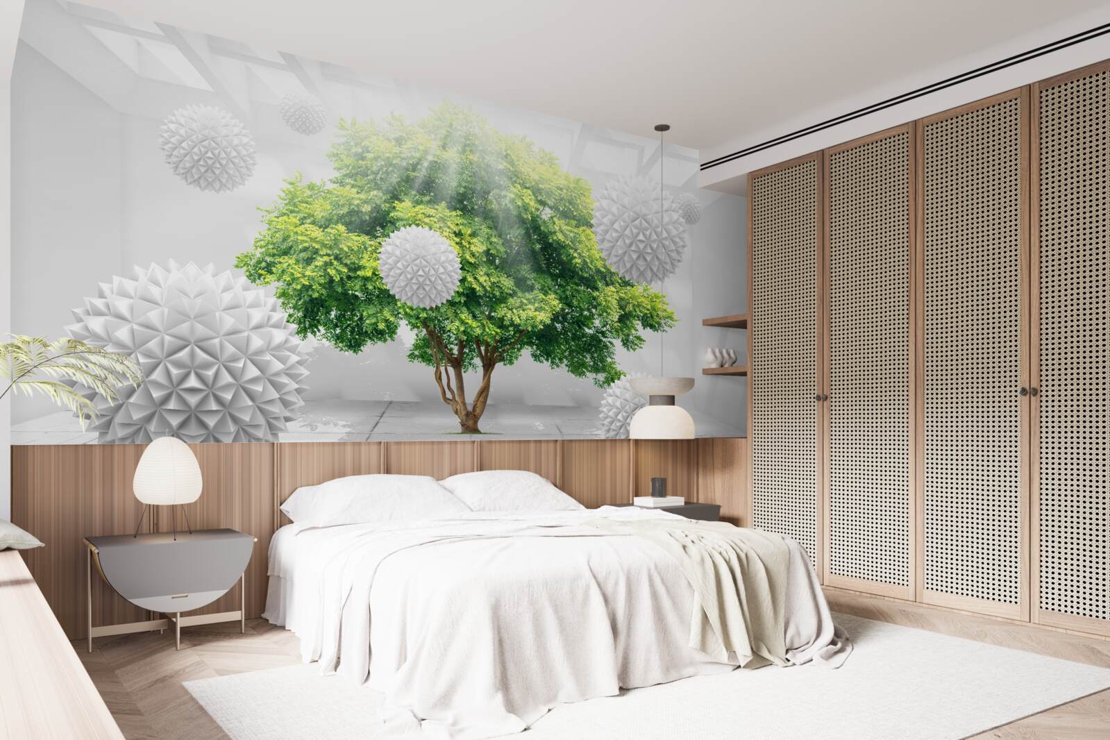 Papier peint les rayons du soleil éclairent les boules blanches qui contrastent avec le vert de l'arbre