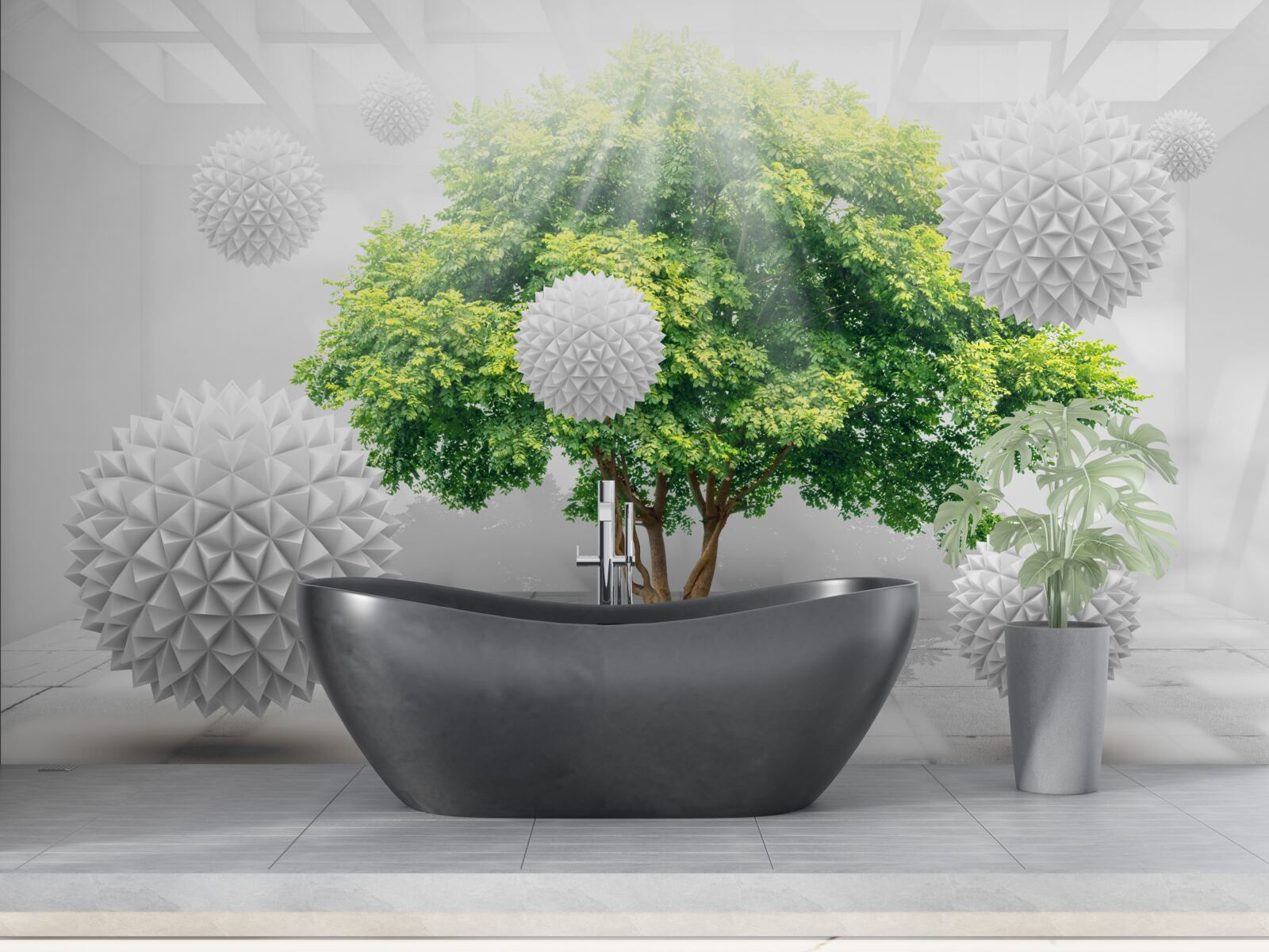 Papier peint les rayons du soleil éclairent les boules blanches qui contrastent avec le vert de l'arbre