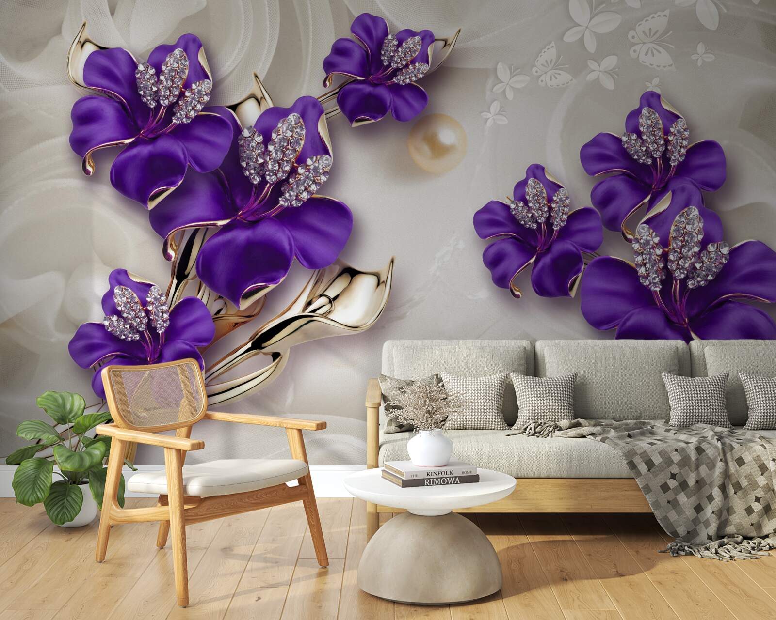 Papier peint branches de lys en bleu avec décorations en perles