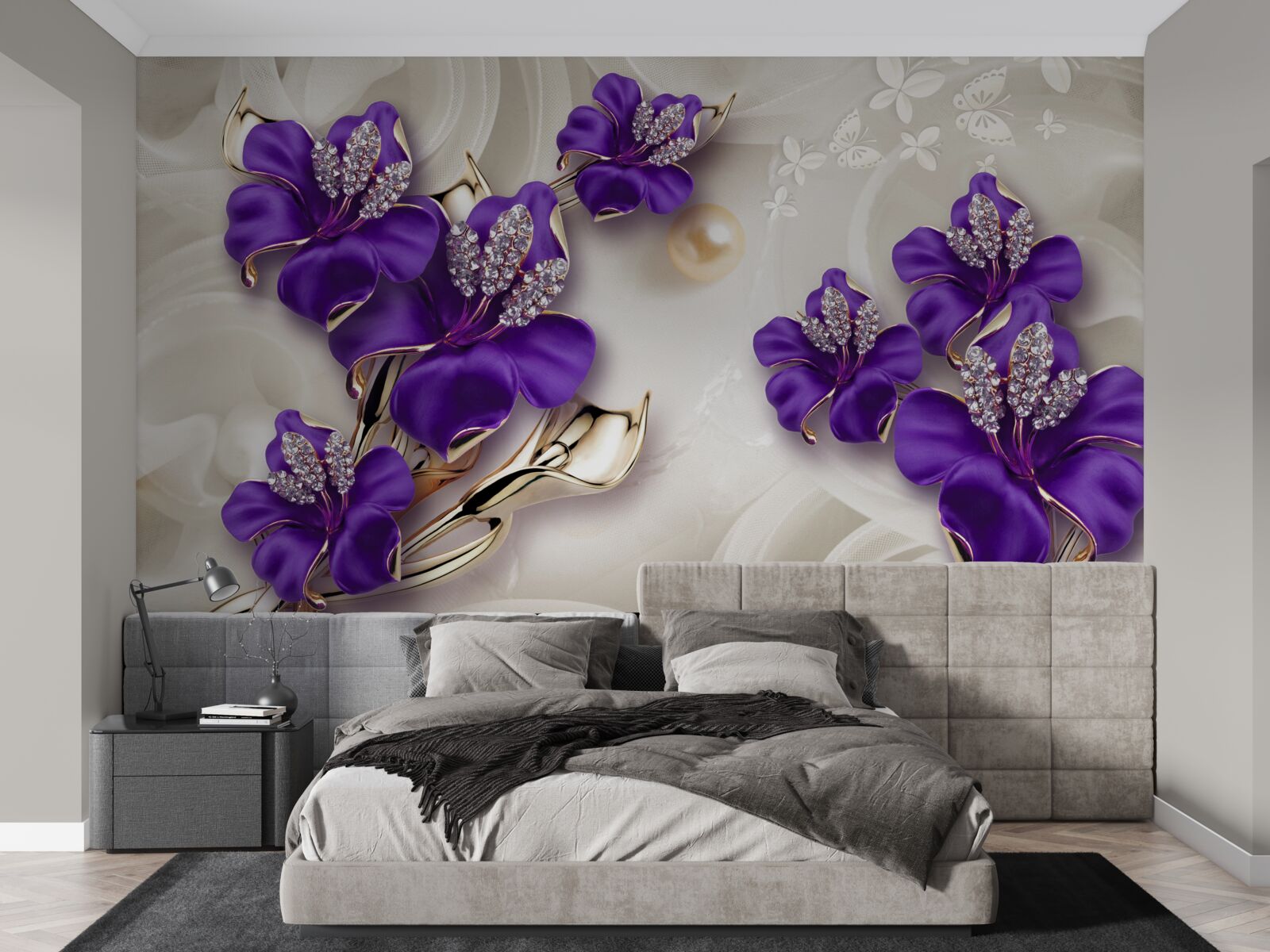 Papier peint branches de lys en bleu avec décorations en perles