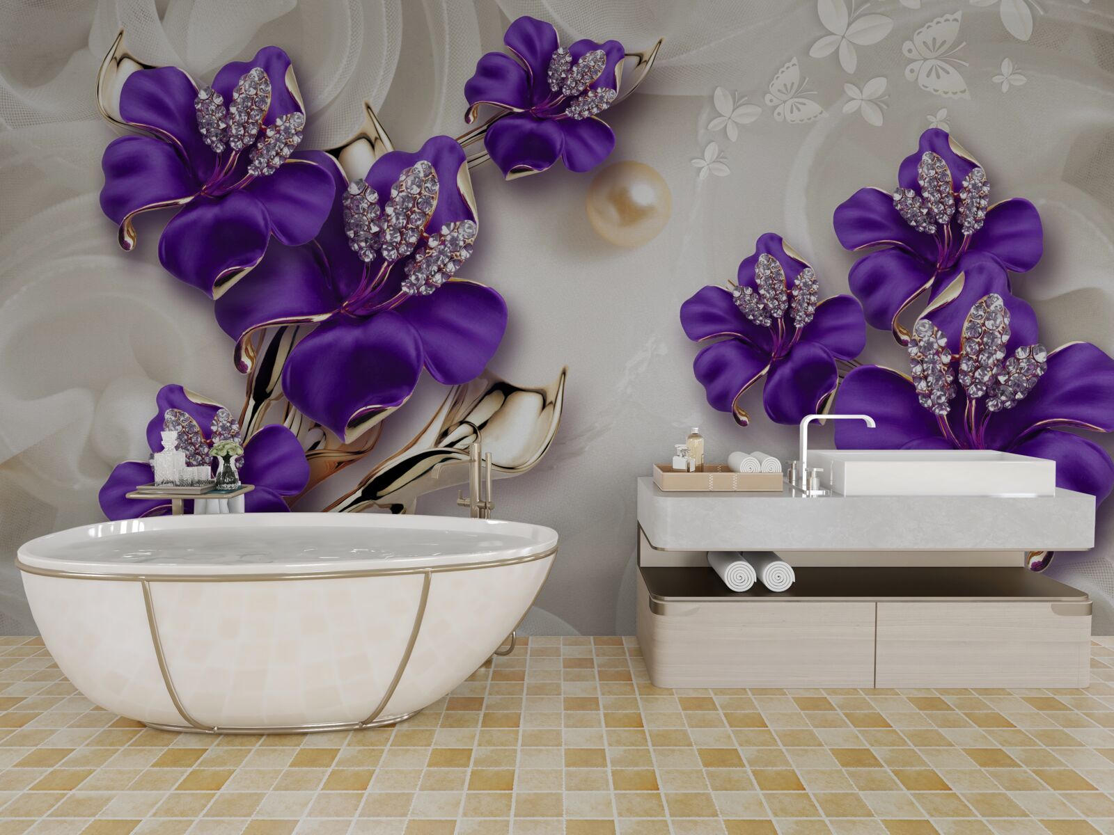 Papier peint branches de lys en bleu avec décorations en perles