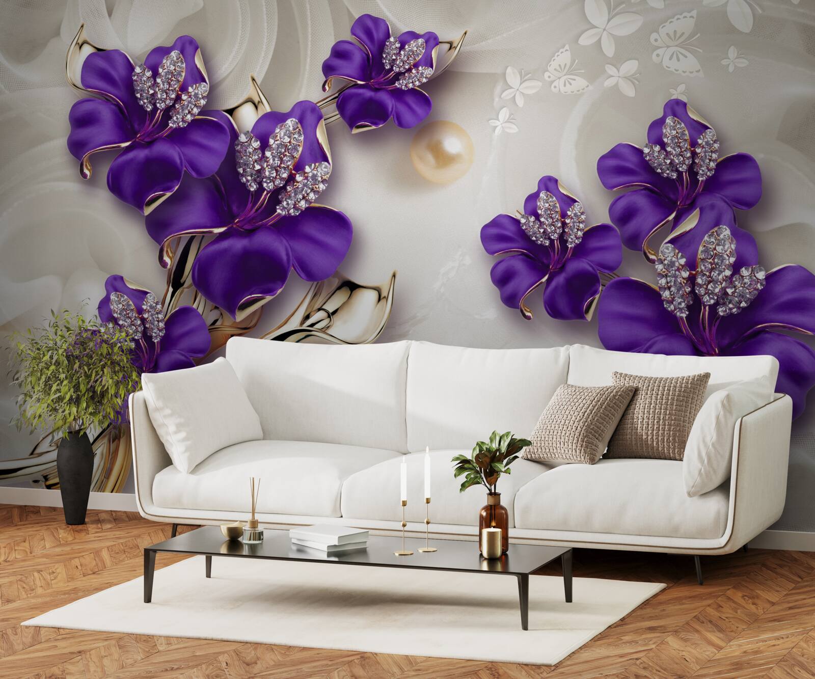 Papier peint branches de lys en bleu avec décorations en perles